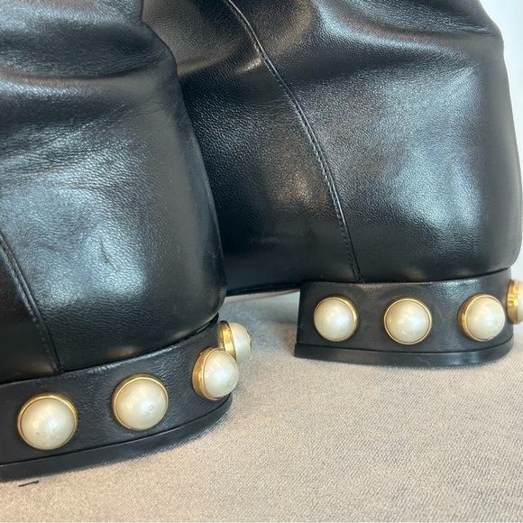 GUCCI ‘Jem’ black leather faux Pearl red blue white velvet stripe riding boot 39 - Picture 9 of 15